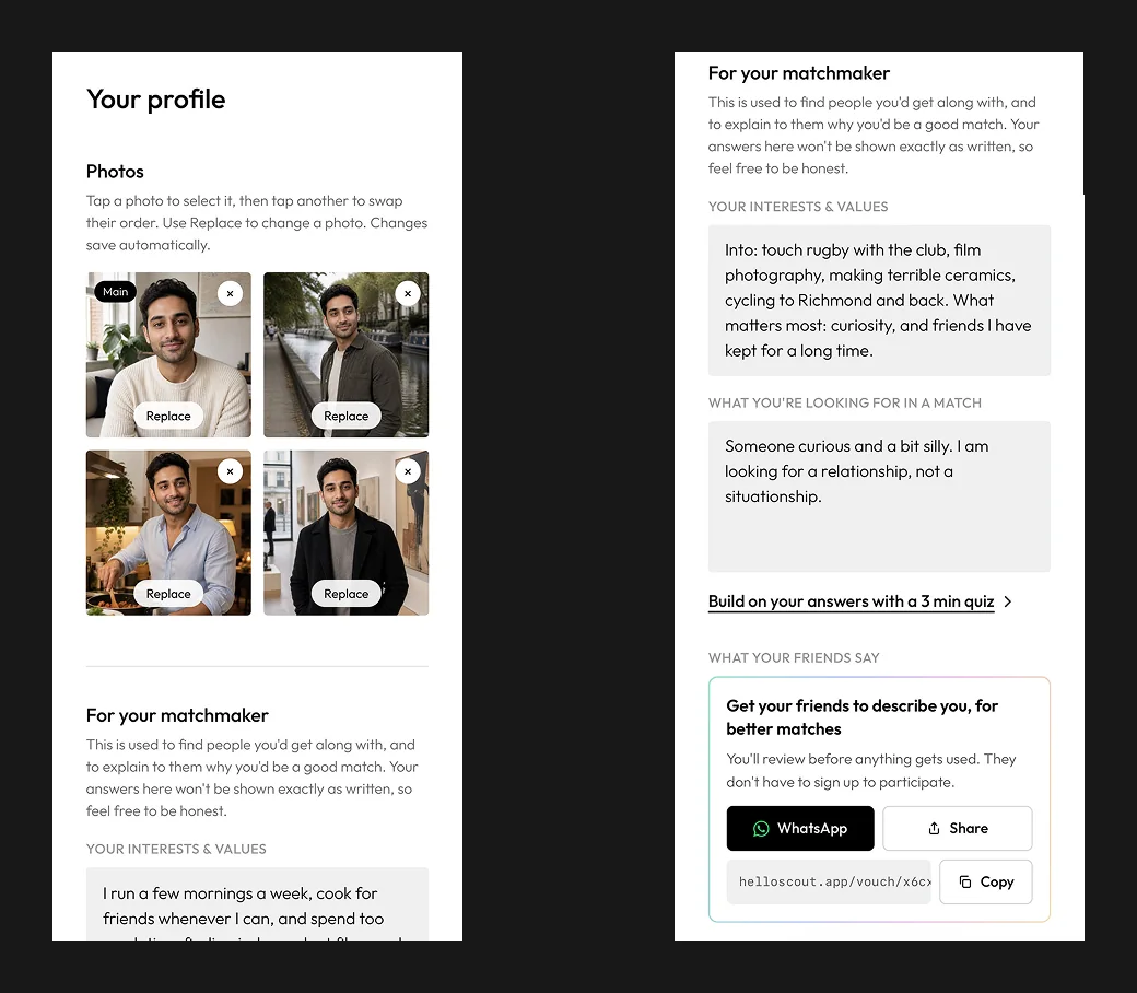 Profile editor with photos, free-text answers for the matchmaker, and a section for friends to describe you